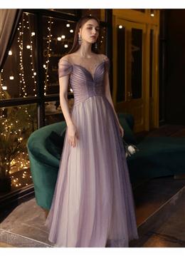 Picture of Light Purple Gradient Tulle A-line Short Sleeves Floor Length Party Dresses, Tulle Formal Dress